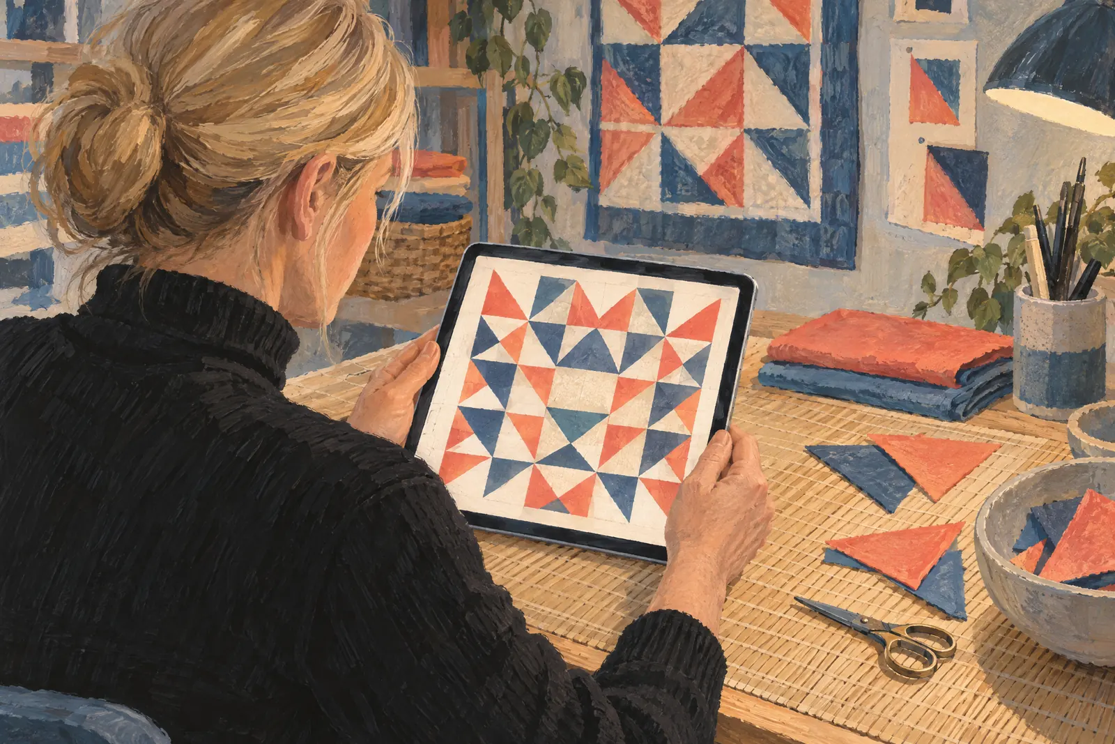 A woman in her forties with blonde hair tied back in a black turtleneck at a editing bay looks at a screen showing a craft product for sale, with a pair of small scissors beside them.
