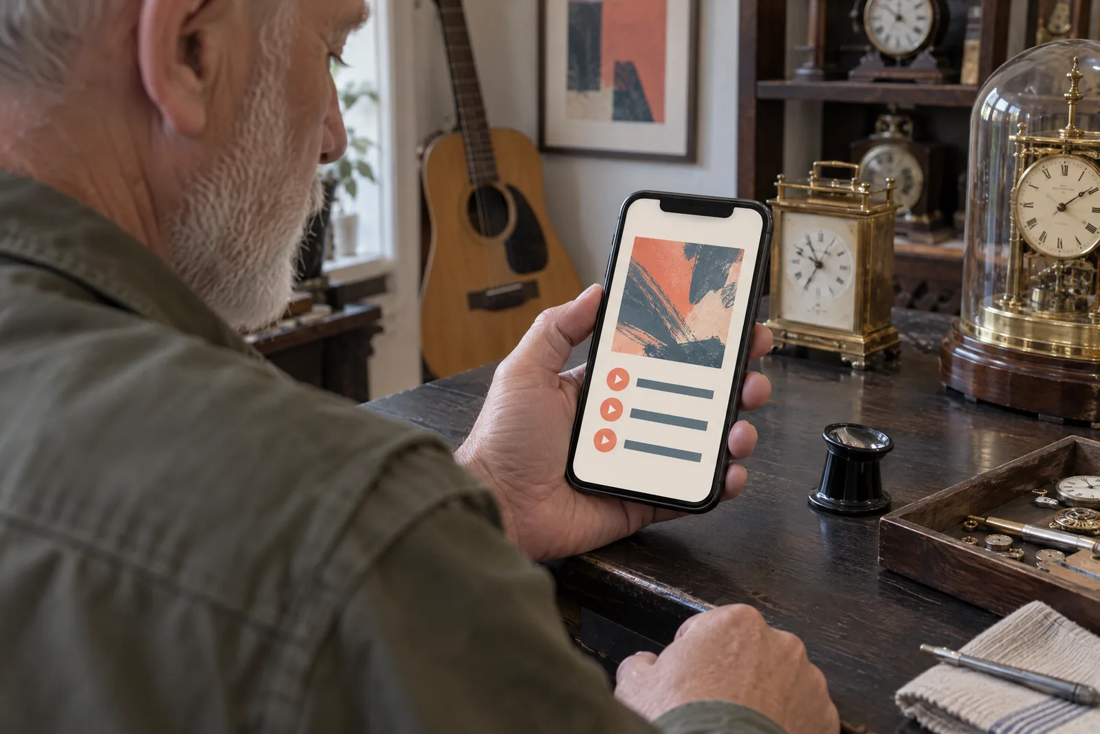 A man in his sixties with a close-cropped white beard in a olive field jacket at a clock shop looks at a screen showing a music product for sale, with a film loupe beside them.