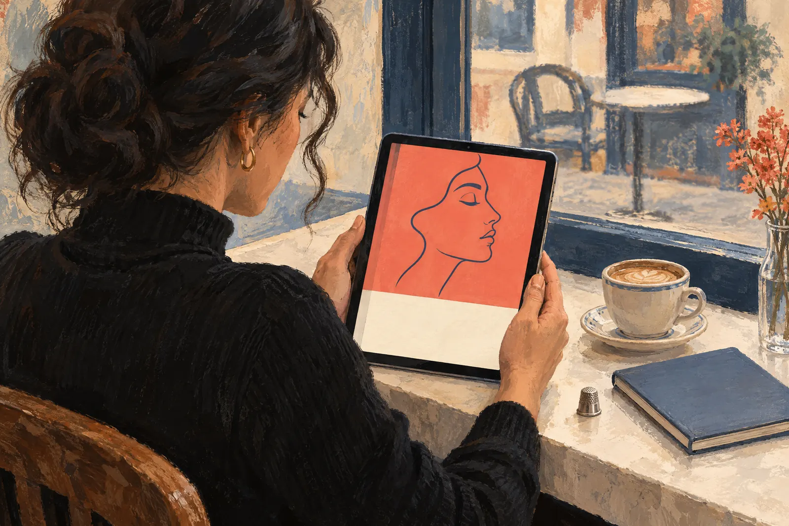 A woman in her thirties with dark wavy hair in a black turtleneck at a cafe window looks at a screen showing a ebook product for sale, with a metal thimble beside them.