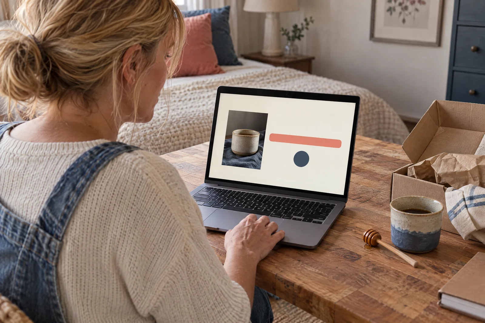 A woman in her forties with blonde hair tied back in a denim overalls at a guest room looks at a screen showing a delivery product for sale, with a honey dipper beside them.