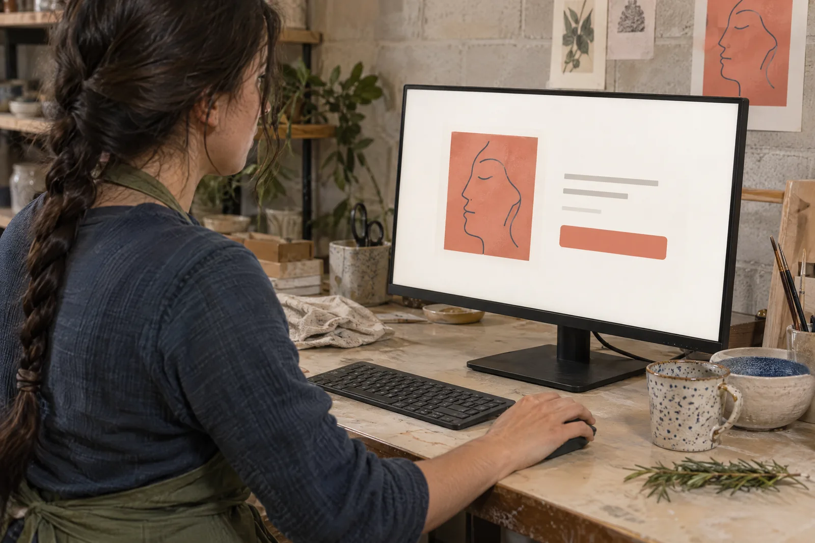 A woman in her twenties with a long dark braid in a green canvas apron at a basement studio looks at a screen showing a general product for sale, with a sprig of rosemary beside them.