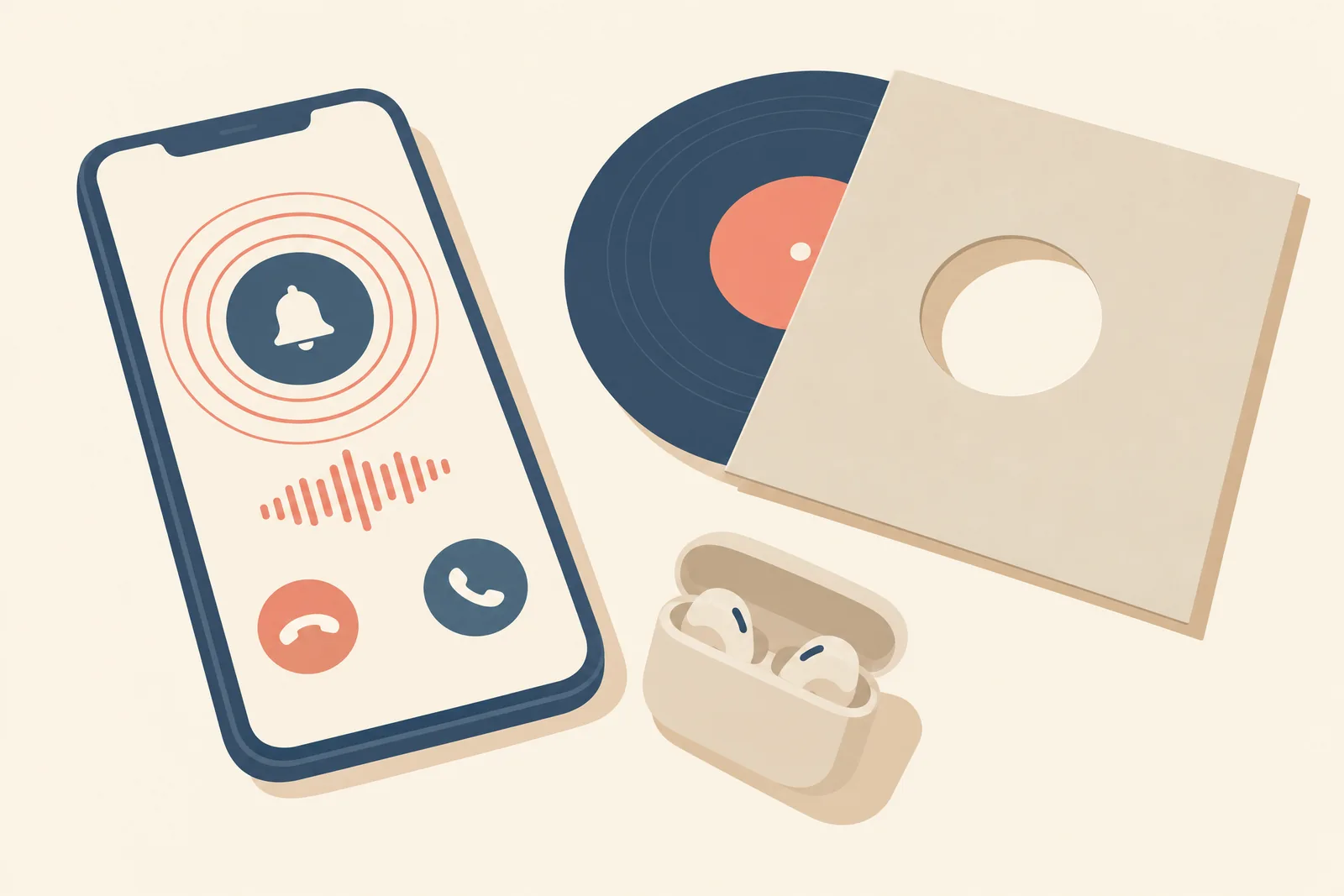 A cafe booth still life of a ringtone product arranged with a blank vinyl sleeve, in coral, sand, slate, and cream.