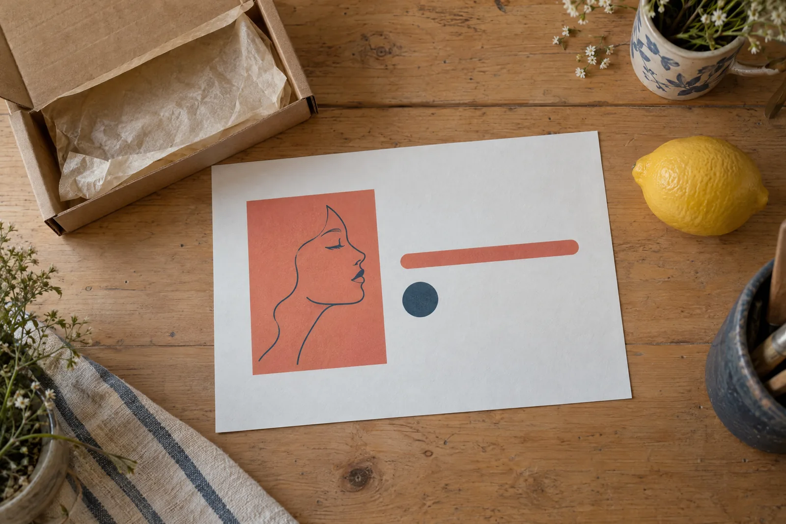 A garden shed still life of a delivery product arranged with a lemon, in coral, sand, slate, and cream.