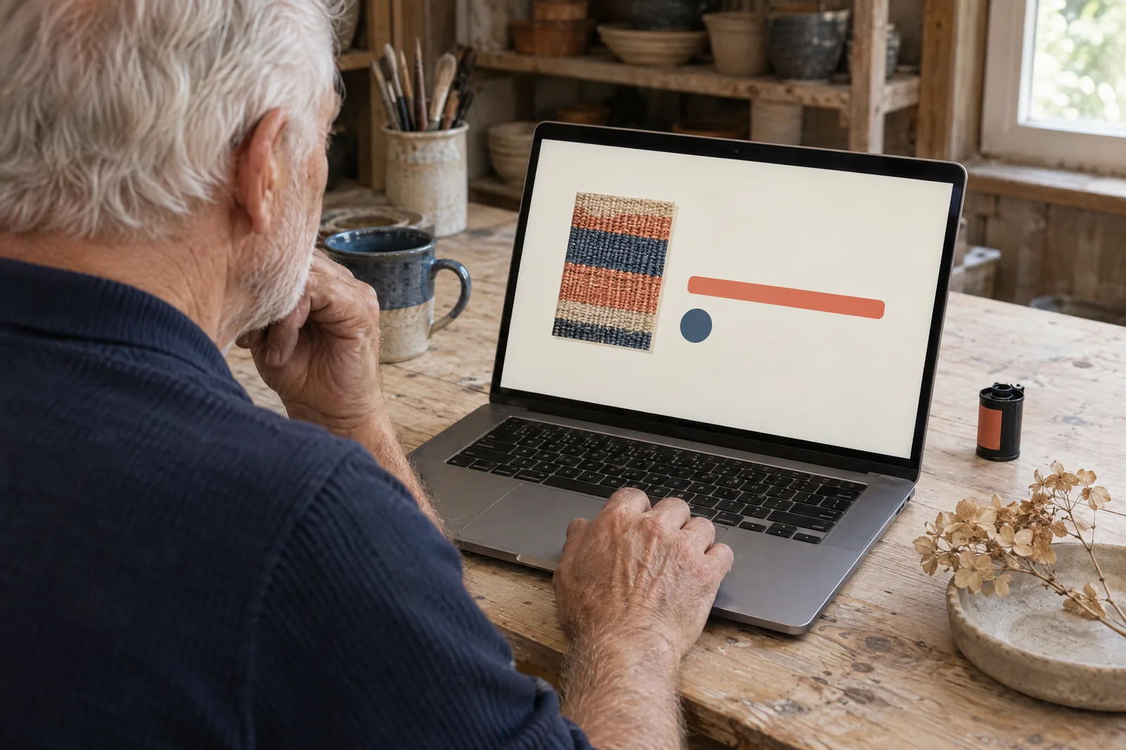 A man in his seventies with white hair in a navy knit polo at a pottery shed looks at a screen showing a video product for sale, with a dried flower beside them.