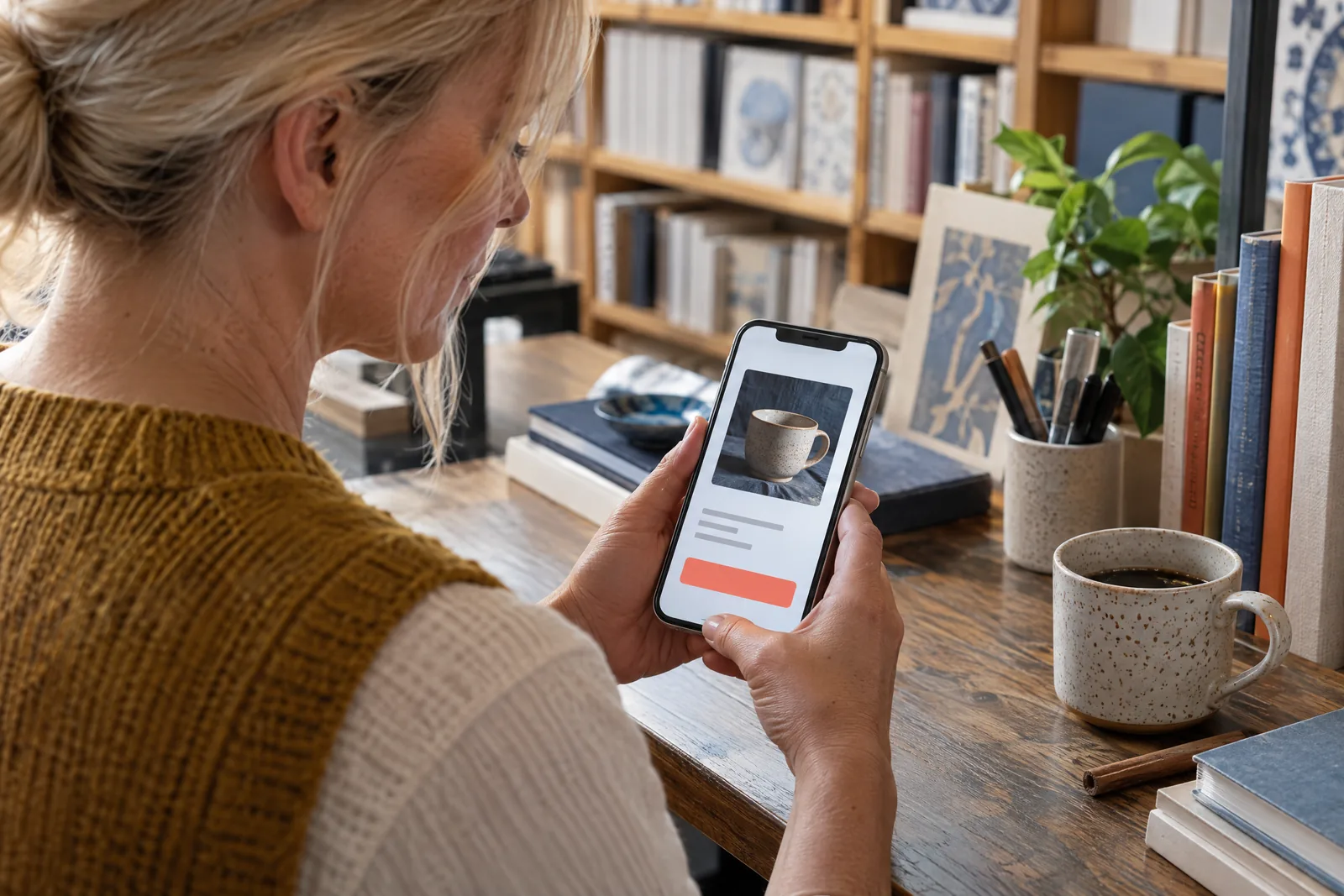 A woman in her forties with blonde hair tied back in a mustard knit vest at a bookstore office looks at a screen showing a general product for sale, with a cinnamon stick beside them.
