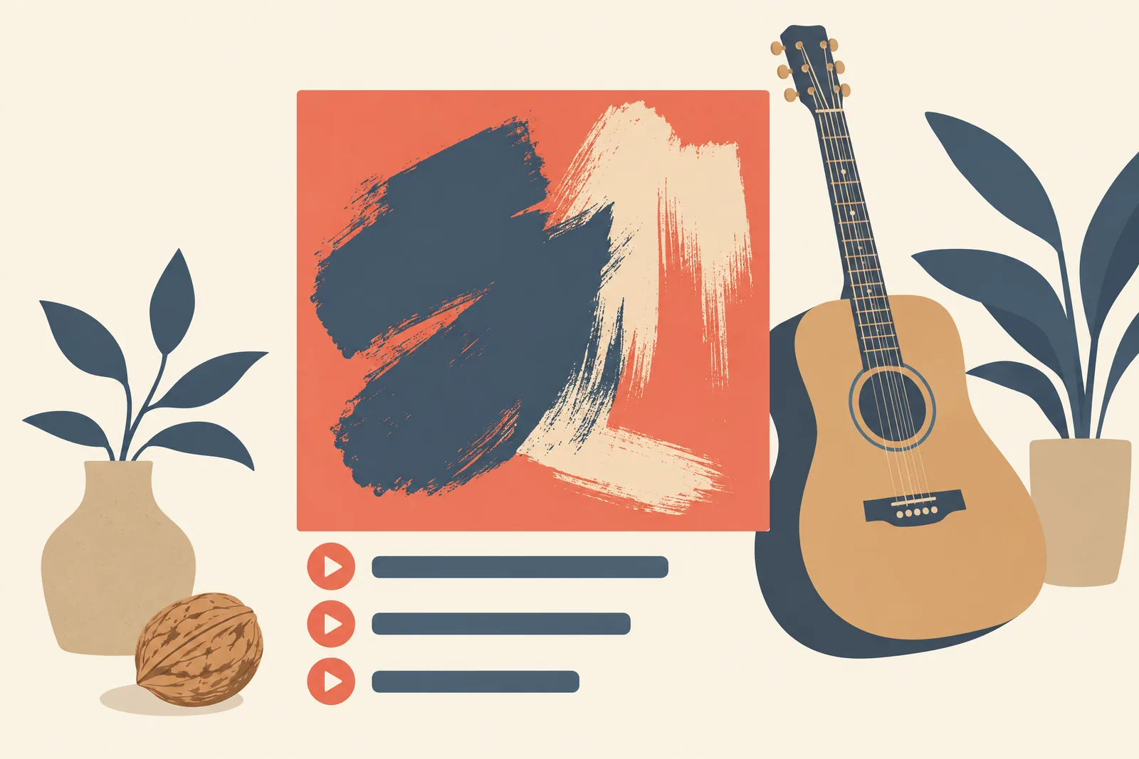 A hotel desk still life of a music product arranged with a walnut, in coral, sand, slate, and cream.