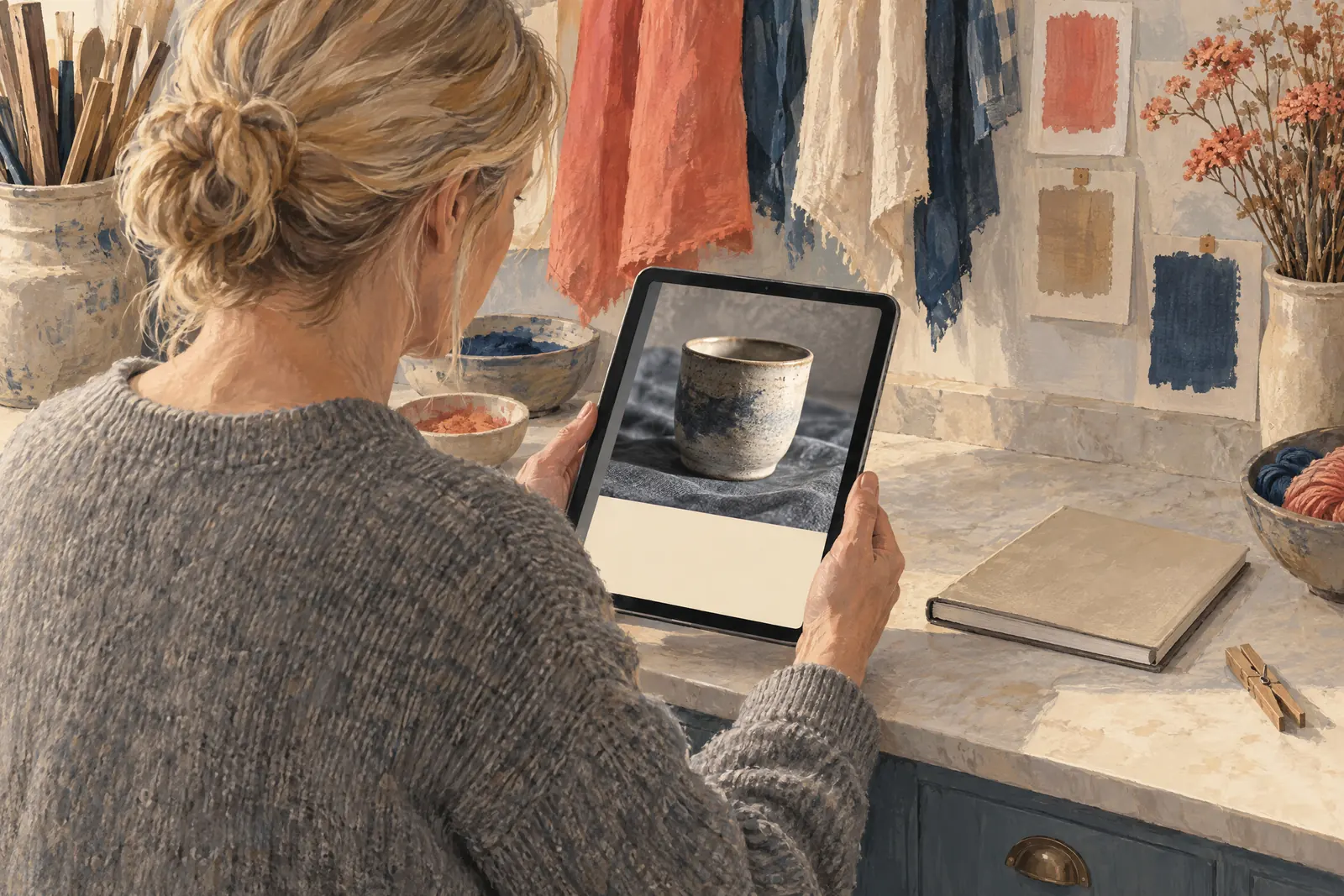 A woman in her forties with blonde hair tied back in a heather gray wool sweater at a dye studio looks at a screen showing a ebook product for sale, with a wooden clothespin beside them.