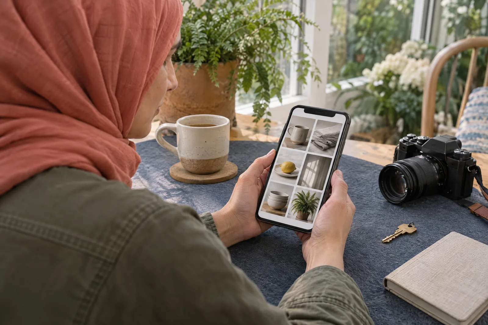 A woman in her thirties wearing a headscarf in a olive field jacket at a conservatory looks at a screen showing a photo product for sale, with a house key beside them.