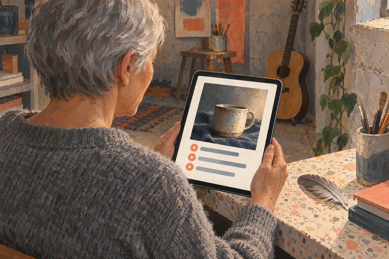 An older woman with cropped gray hair in a heather gray wool sweater at a basement studio looks at a screen showing a music product for sale, with a gray feather beside them.