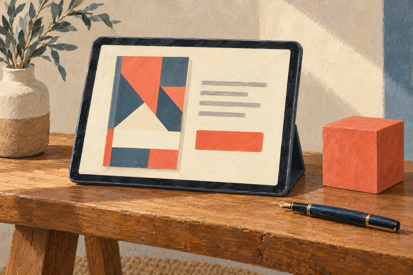 A hotel desk still life of a payment product arranged with a coral wooden cube, in coral, sand, slate, and cream.