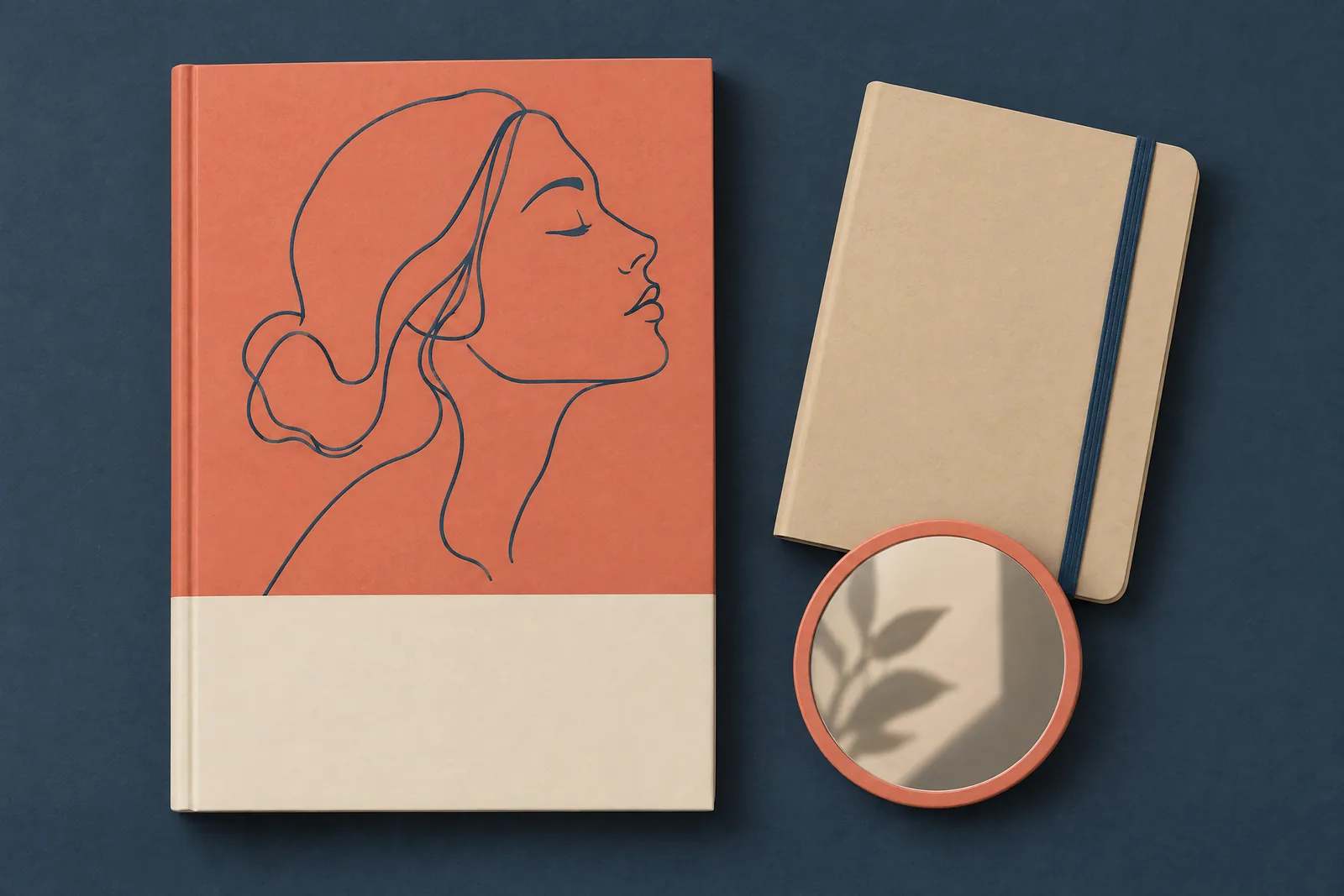 A glass studio still life of a ebook product arranged with a small round mirror, in coral, sand, slate, and cream.