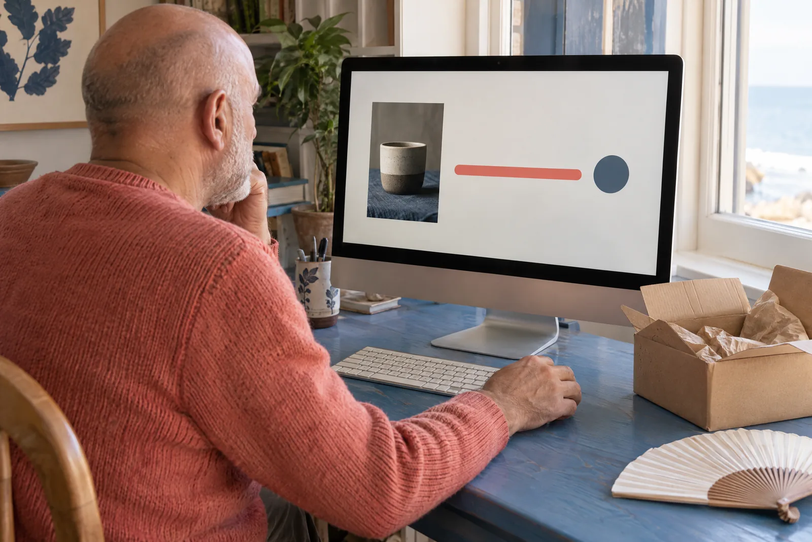 A bald man in his fifties with gray stubble in a coral knit sweater at a window seat looks at a screen showing a delivery product for sale, with a paper fan beside them.