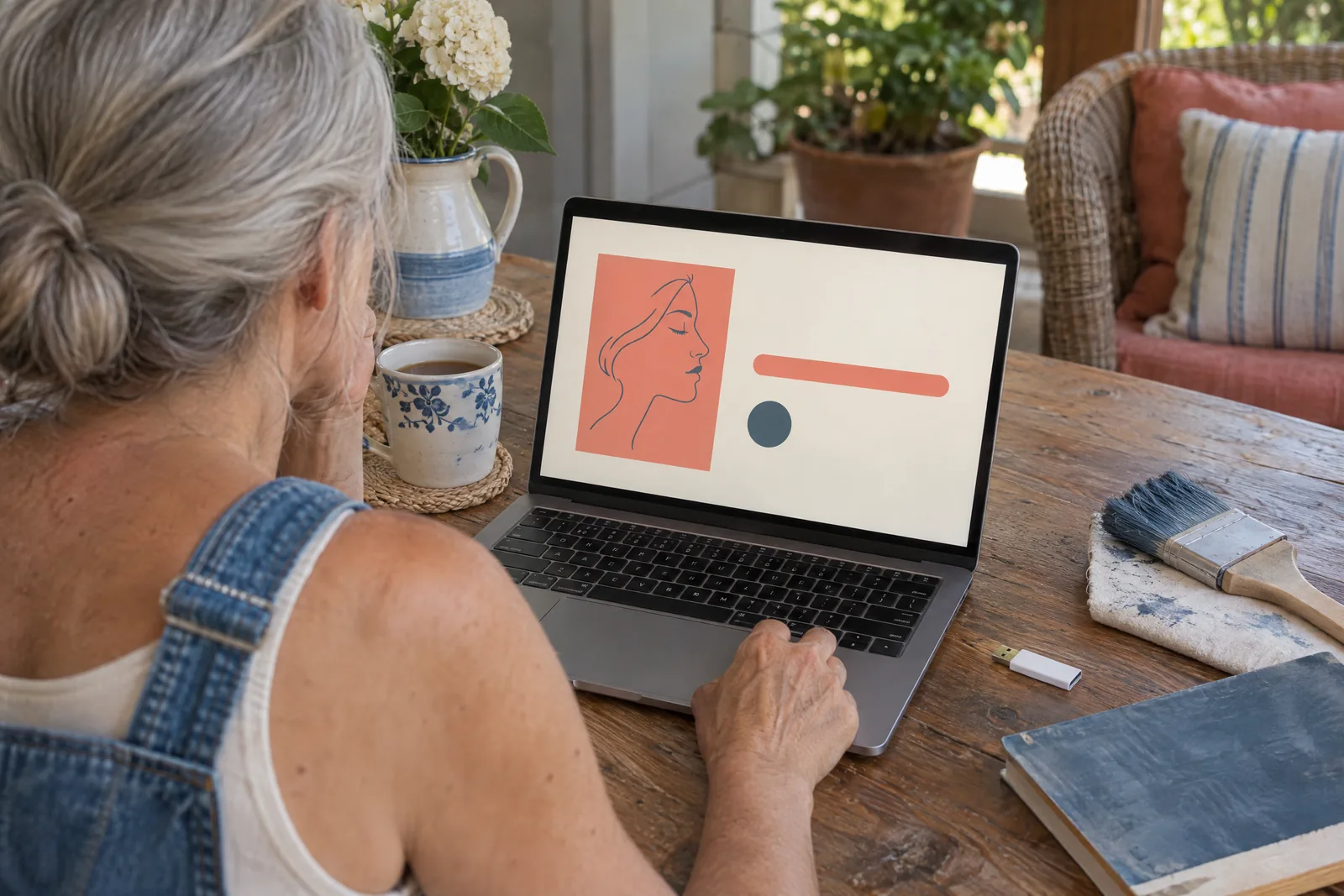 A woman in her fifties with silver hair in a low bun in a denim overalls at a covered porch looks at a screen showing a software product for sale, with a wide paintbrush beside them.