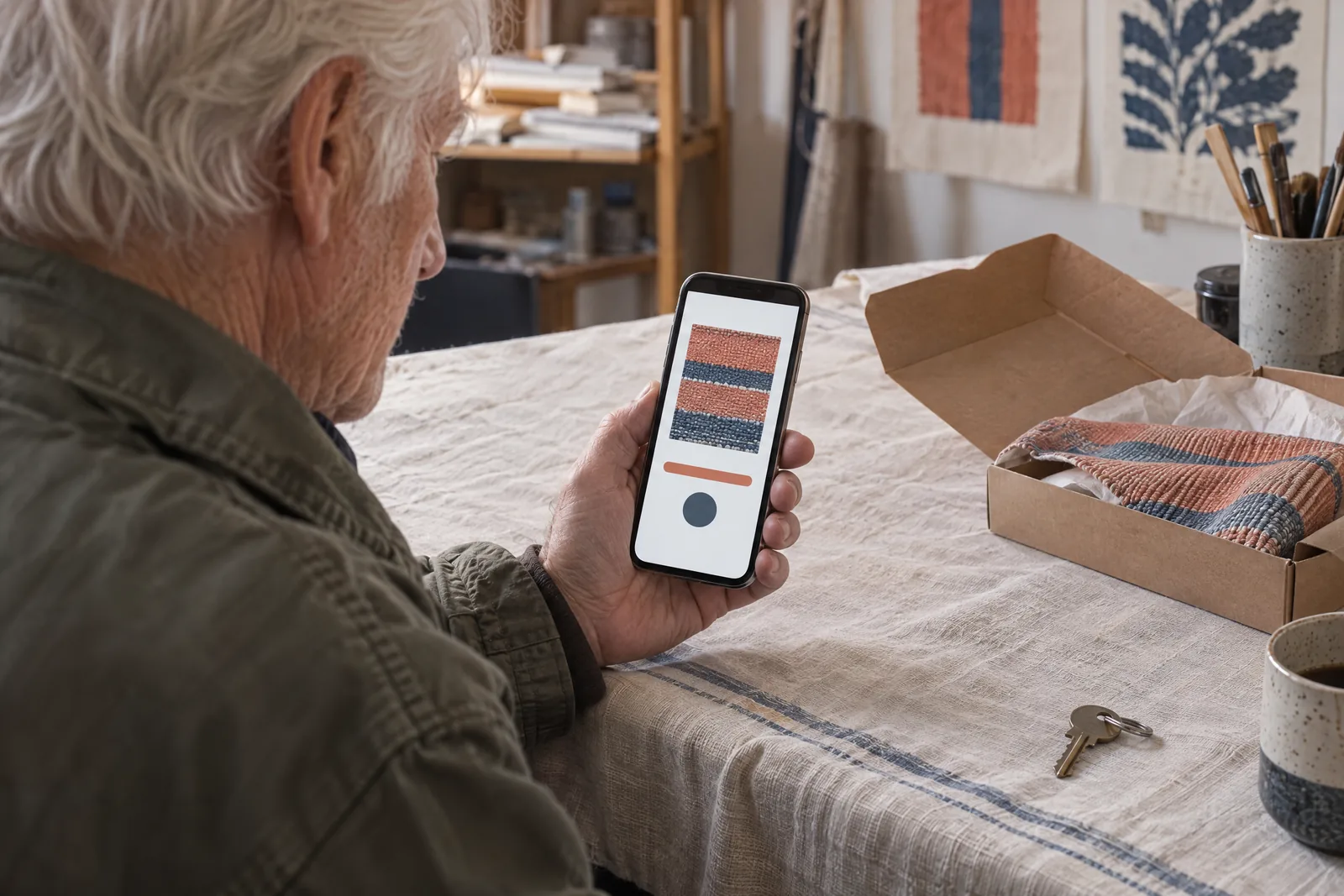 A man in his seventies with white hair in a olive field jacket at a print studio looks at a screen showing a delivery product for sale, with a house key beside them.