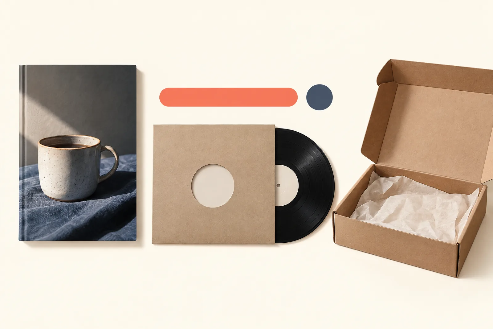 A loft corner still life of a delivery product arranged with a blank vinyl sleeve, in coral, sand, slate, and cream.