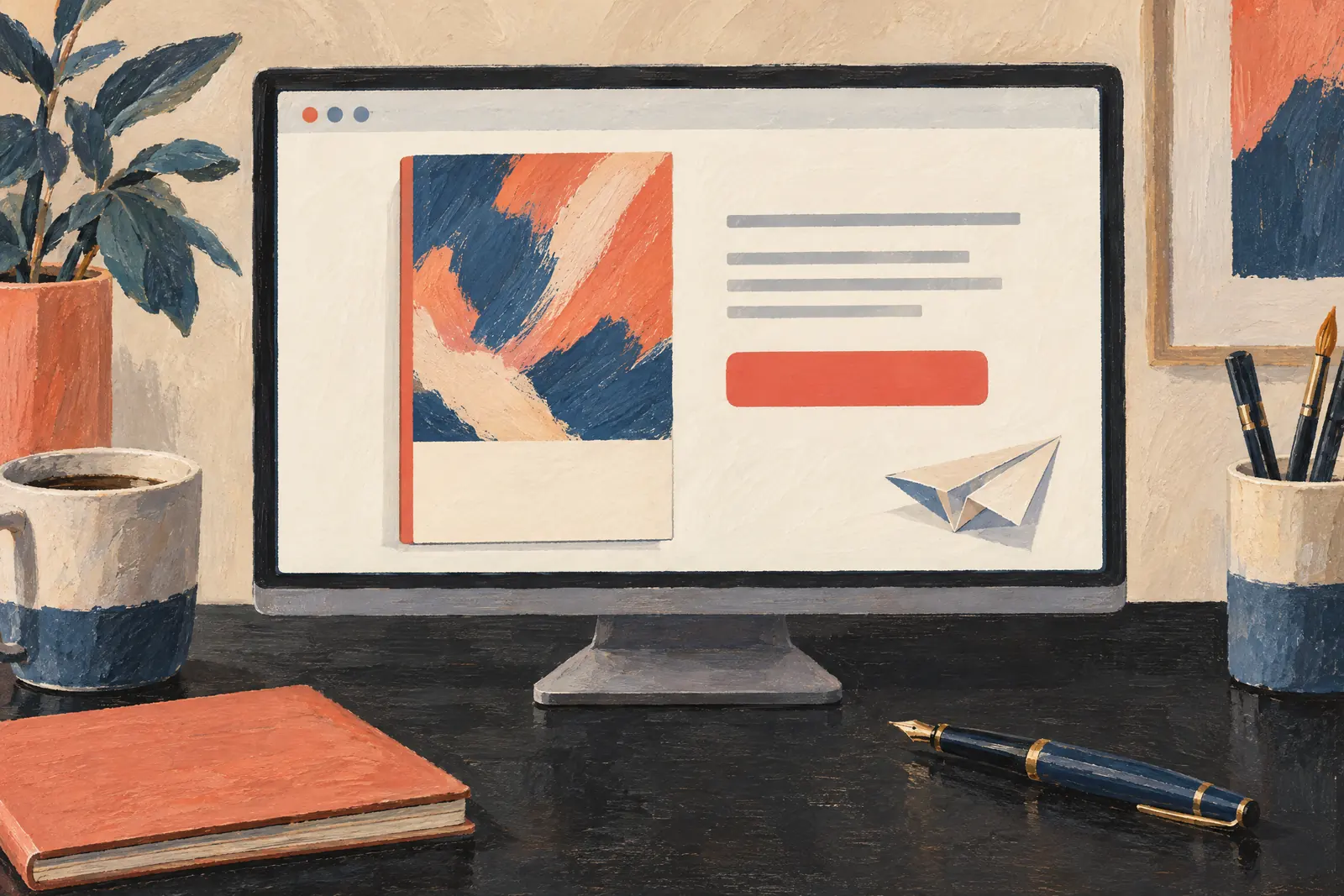 A dining alcove still life of a payment product arranged with a paper airplane, in coral, sand, slate, and cream.