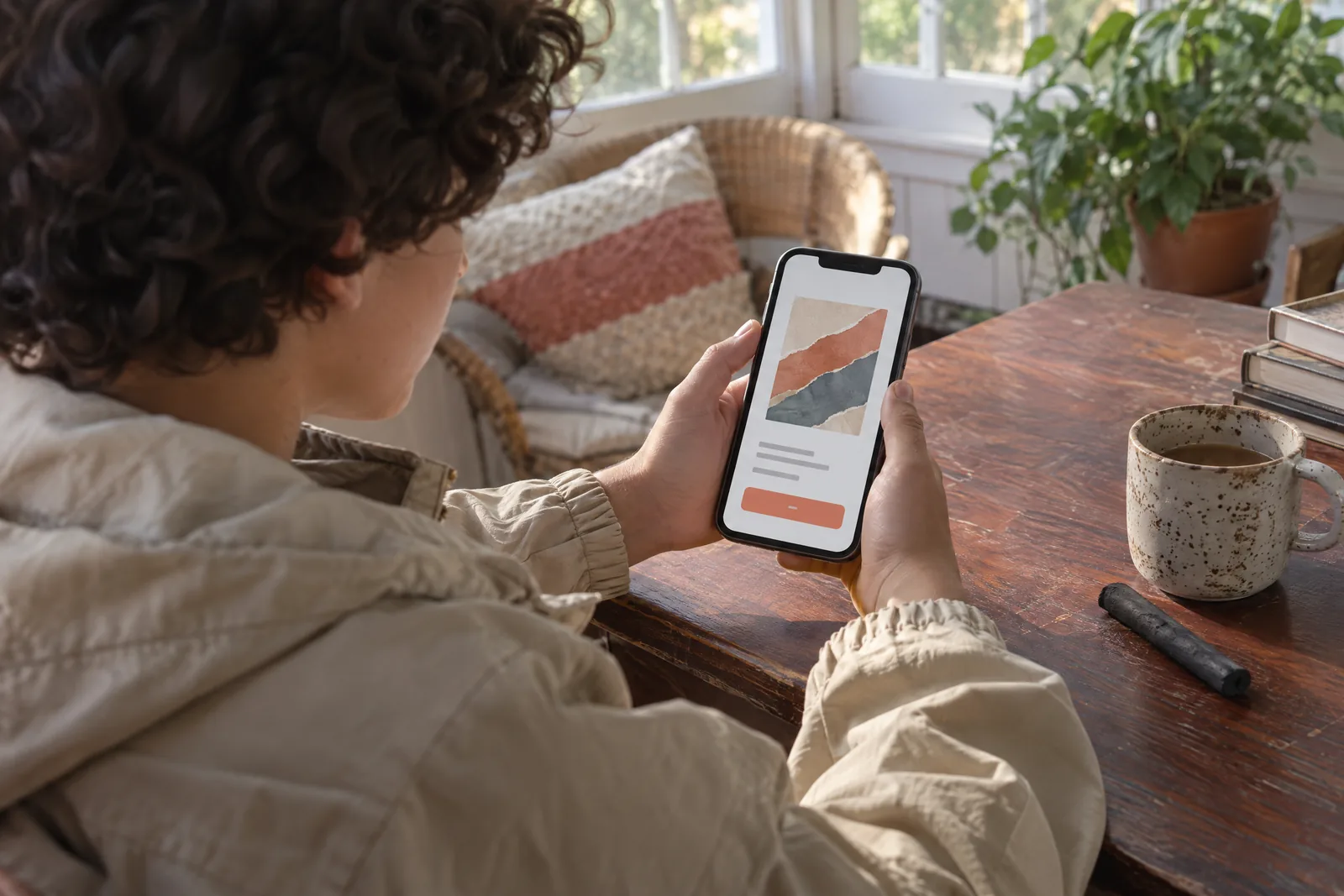 A teenager with curly hair in a sand rain jacket at a sunroom looks at a screen showing a general product for sale, with a charcoal stick beside them.