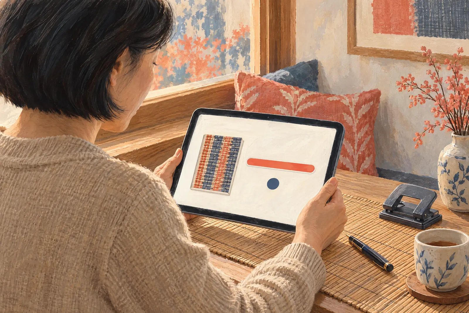 An east asian woman in her forties with a short bob in a sand cardigan at a window seat looks at a screen showing a payment product for sale, with a hole punch beside them.