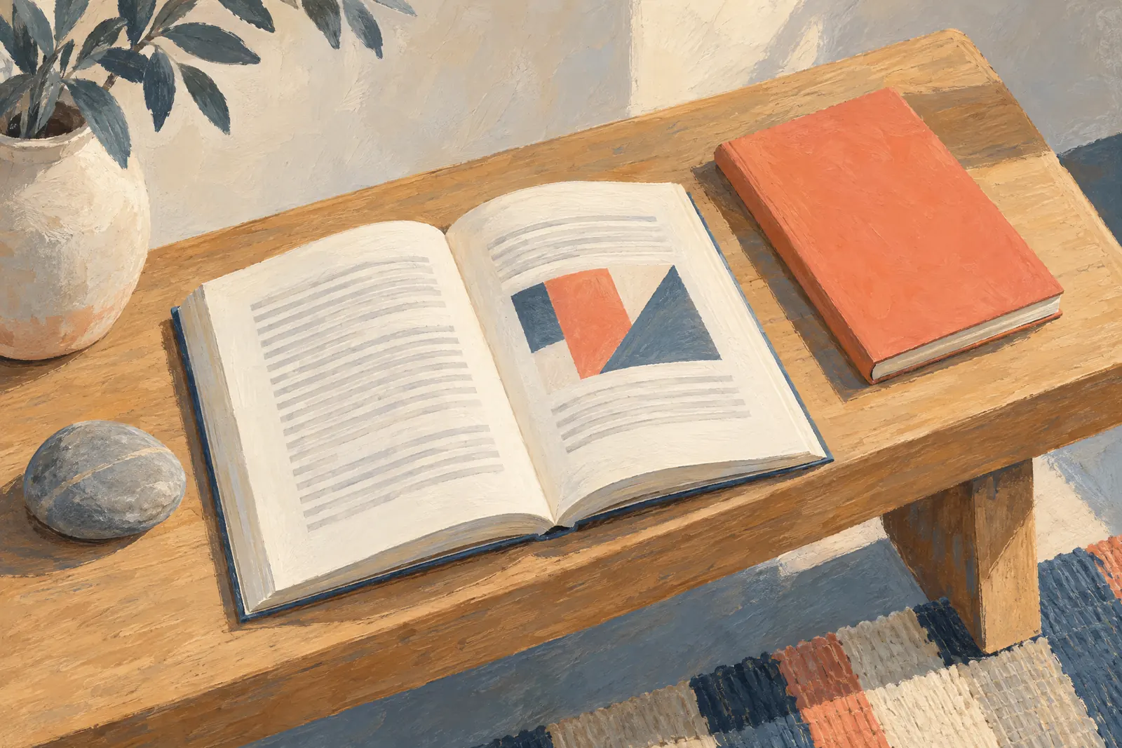 A tailor shop still life of a ebook product arranged with a smooth river stone, in coral, sand, slate, and cream.