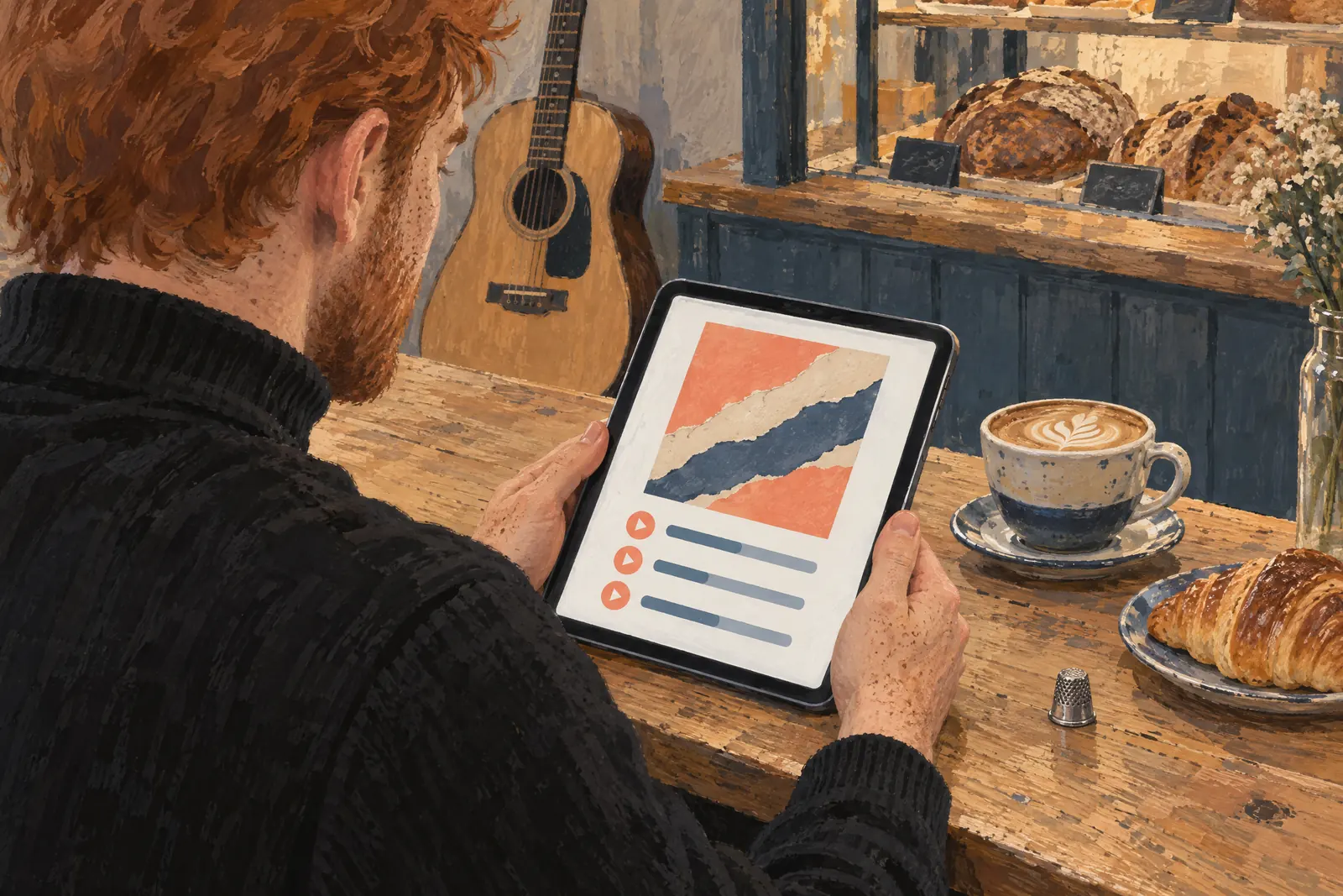 A man in his thirties with red hair and freckles in a black turtleneck at a bakery side counter looks at a screen showing a music product for sale, with a metal thimble beside them.