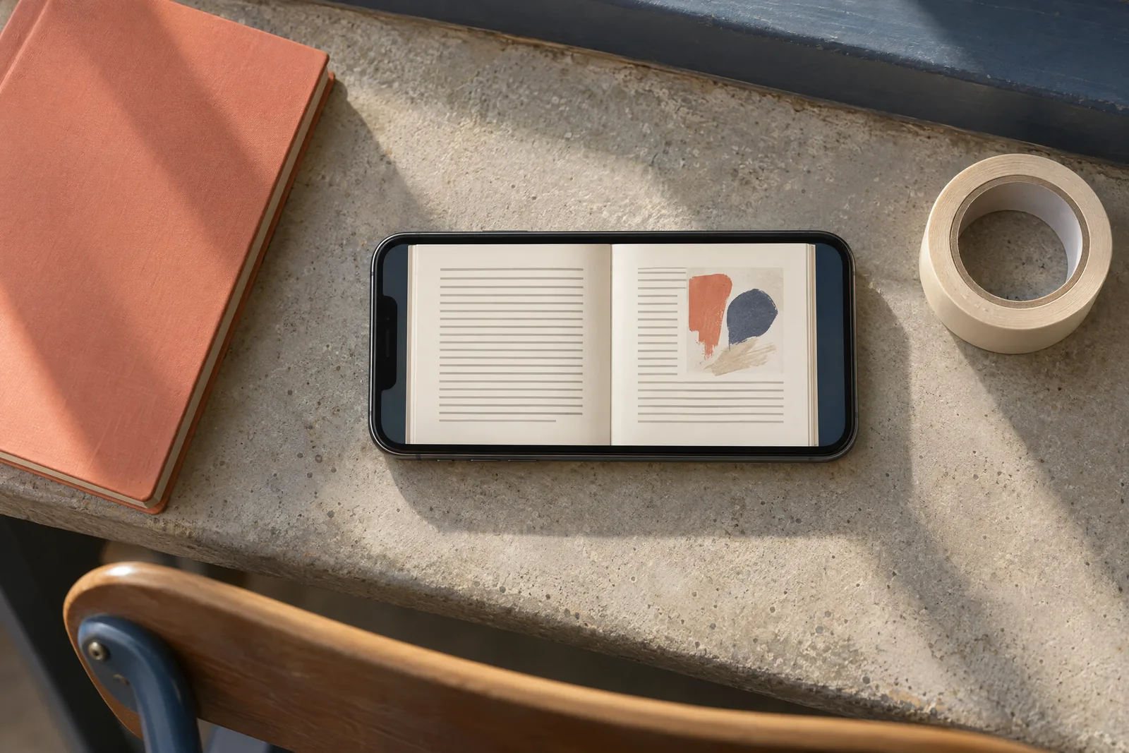 A schoolroom desk still life of a ebook product arranged with a roll of masking tape, in coral, sand, slate, and cream.