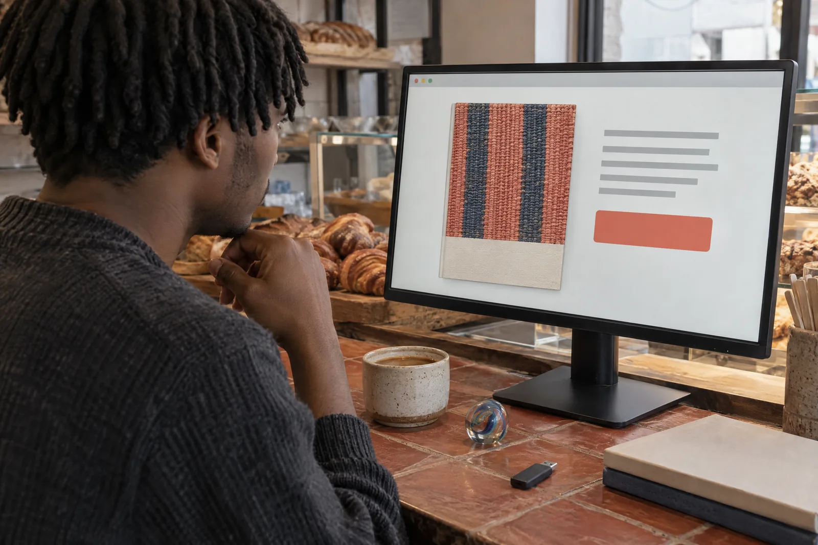 A young man with short locs in a charcoal sweater at a bakery side counter looks at a screen showing a software product for sale, with a glass marble beside them.