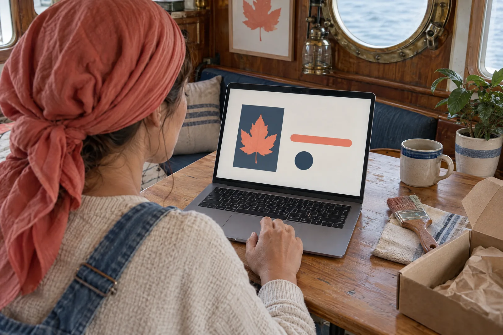 A woman in her thirties wearing a headscarf in a denim overalls at a boat cabin looks at a screen showing a delivery product for sale, with a wide paintbrush beside them.
