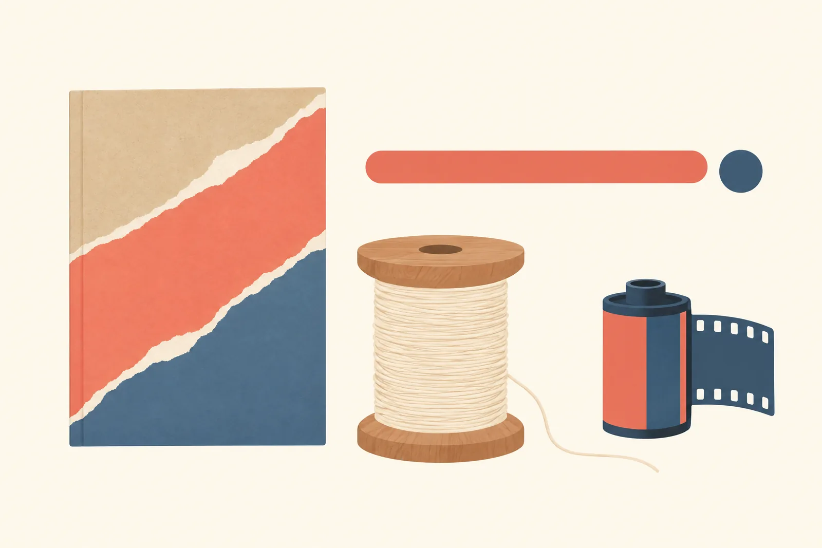 A photo bay still life of a video product arranged with a wooden spool of cream thread, in coral, sand, slate, and cream.