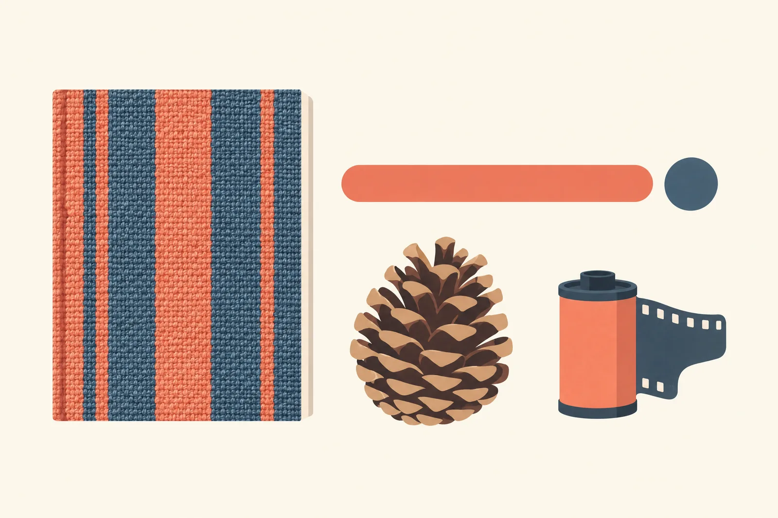 A paper studio still life of a video product arranged with a pinecone, in coral, sand, slate, and cream.
