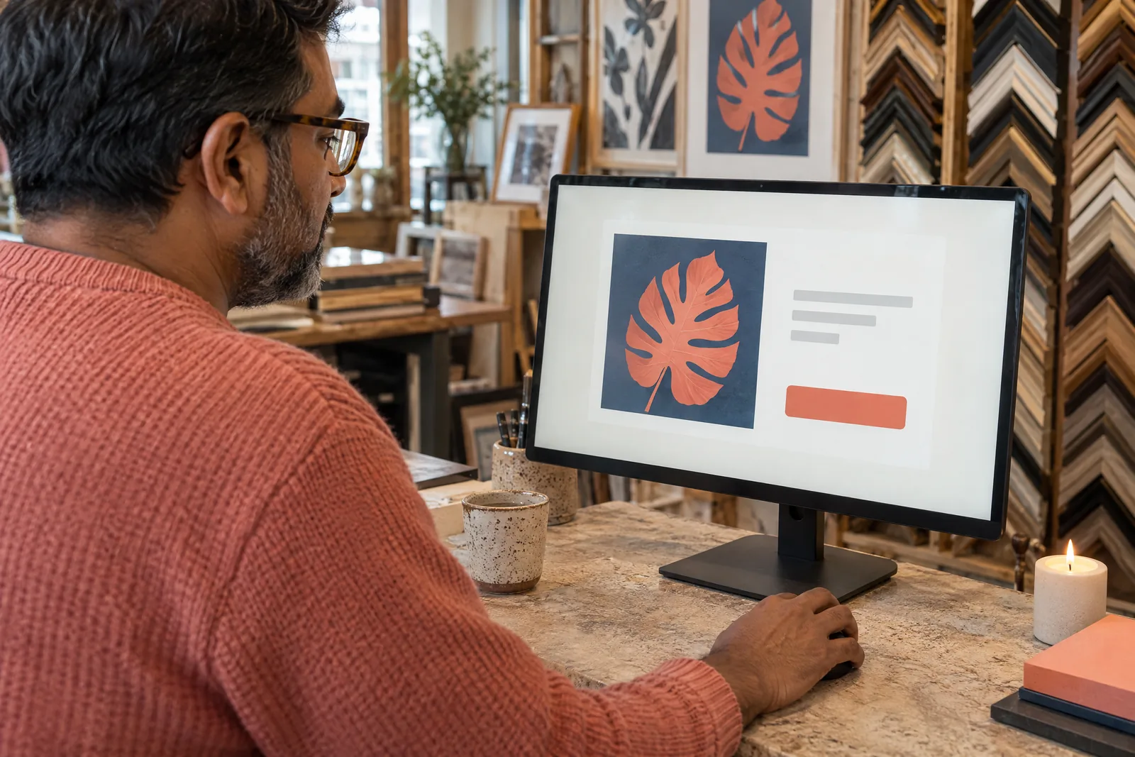A south asian man in his forties with tortoiseshell glasses in a coral knit sweater at a frame shop looks at a screen showing a general product for sale, with a short white candle beside them.