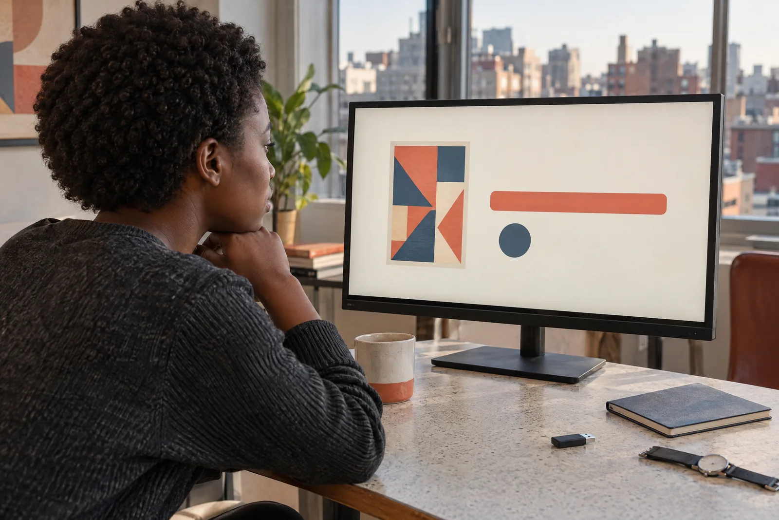 A black woman in her twenties with short natural hair in a charcoal sweater at a rooftop room looks at a screen showing a software product for sale, with a wristwatch with a blank face beside them.