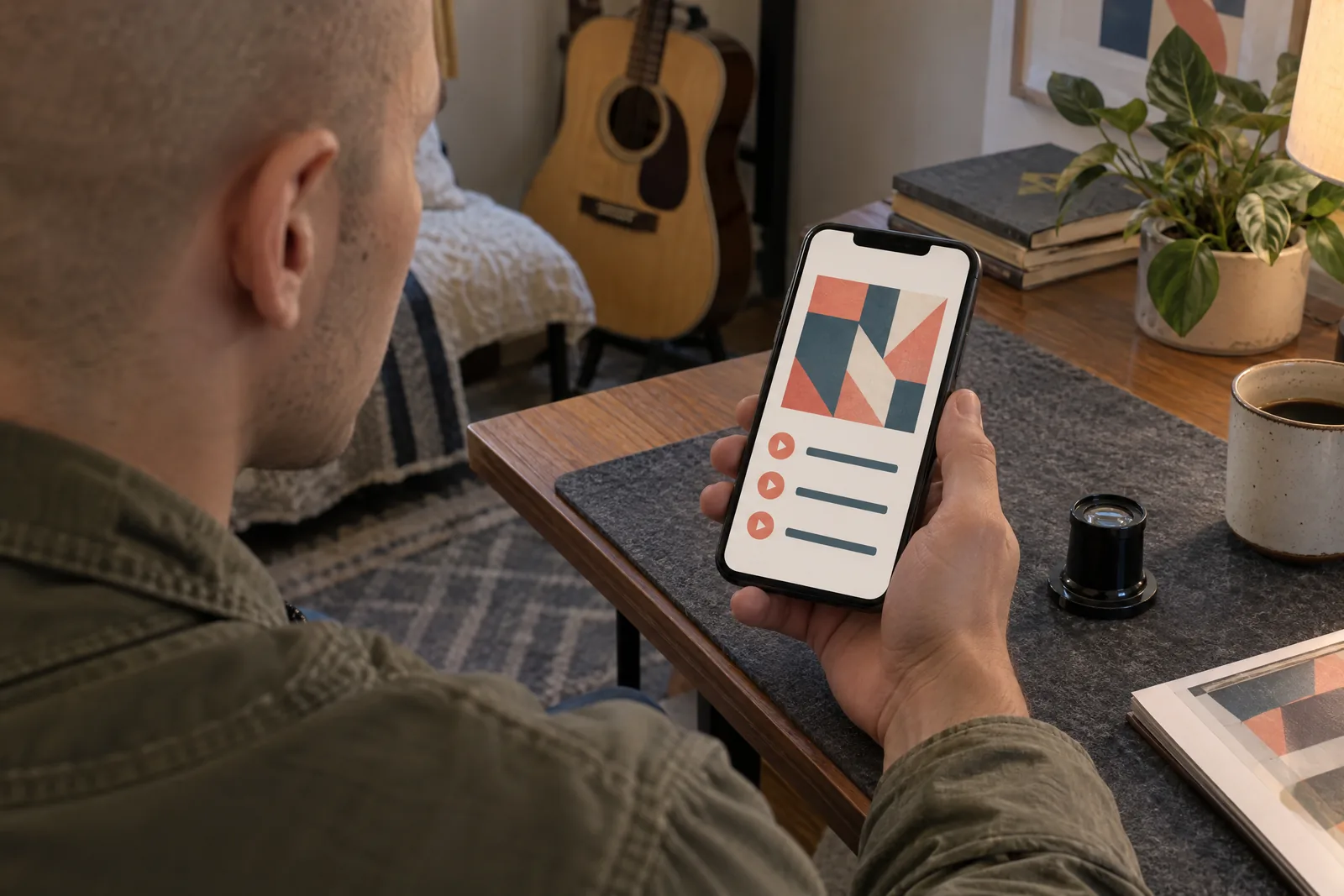 A man in his twenties with a shaved head in a olive field jacket at a guest room looks at a screen showing a music product for sale, with a film loupe beside them.
