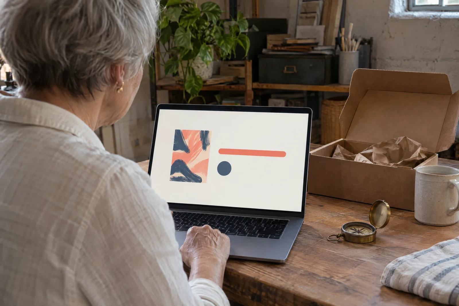An older woman with cropped gray hair in a cream linen shirt at a basement studio looks at a screen showing a delivery product for sale, with a brass compass beside them.