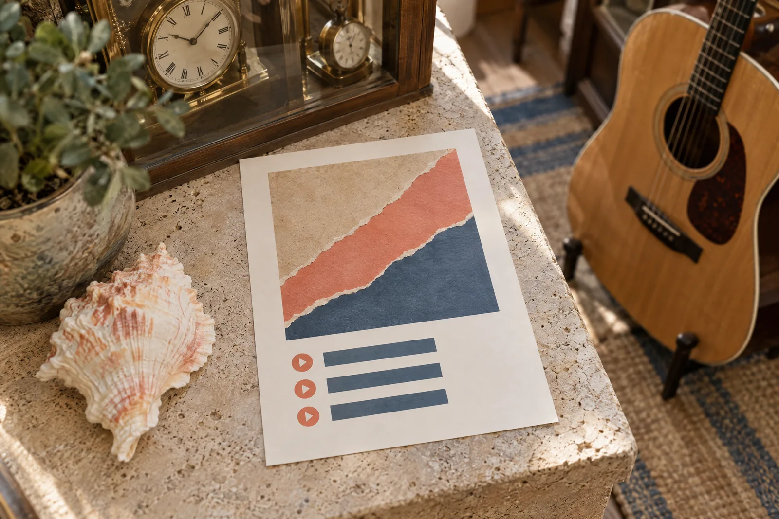 A clock shop still life of a music product arranged with a seashell, in coral, sand, slate, and cream.