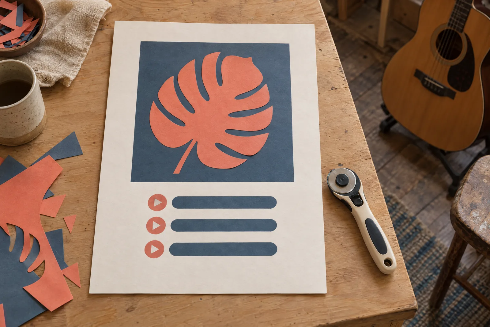 A craft barn still life of a music product arranged with a rotary cutter, in coral, sand, slate, and cream.