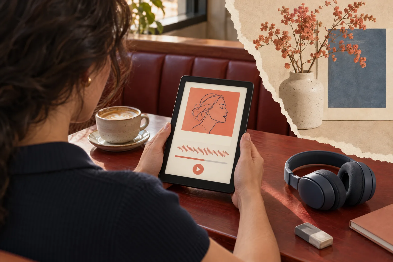 A woman in her thirties with dark wavy hair in a navy knit polo at a cafe booth looks at a screen showing a audiobook product for sale, with a gray eraser beside them.