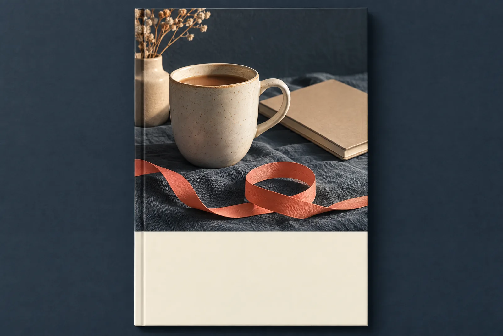 A writing cabin still life of a ebook product arranged with a coiled coral ribbon, in coral, sand, slate, and cream.