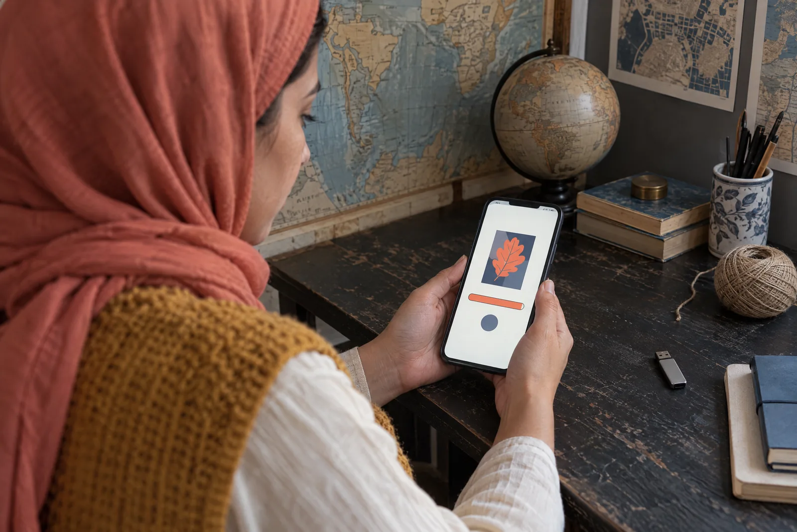 A woman in her thirties wearing a headscarf in a mustard knit vest at a map room looks at a screen showing a software product for sale, with a ball of twine beside them.