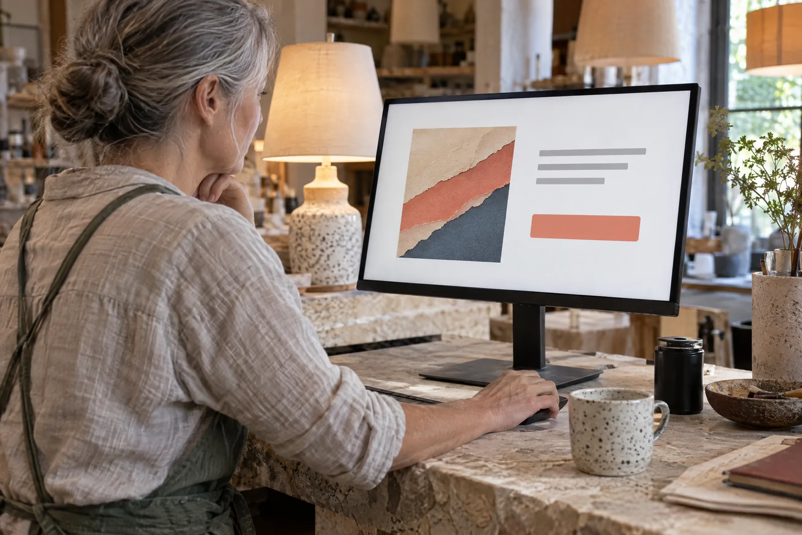 A woman in her fifties with silver hair in a low bun in a green canvas apron at a lamp workshop looks at a screen showing a general product for sale, with a black film canister beside them.