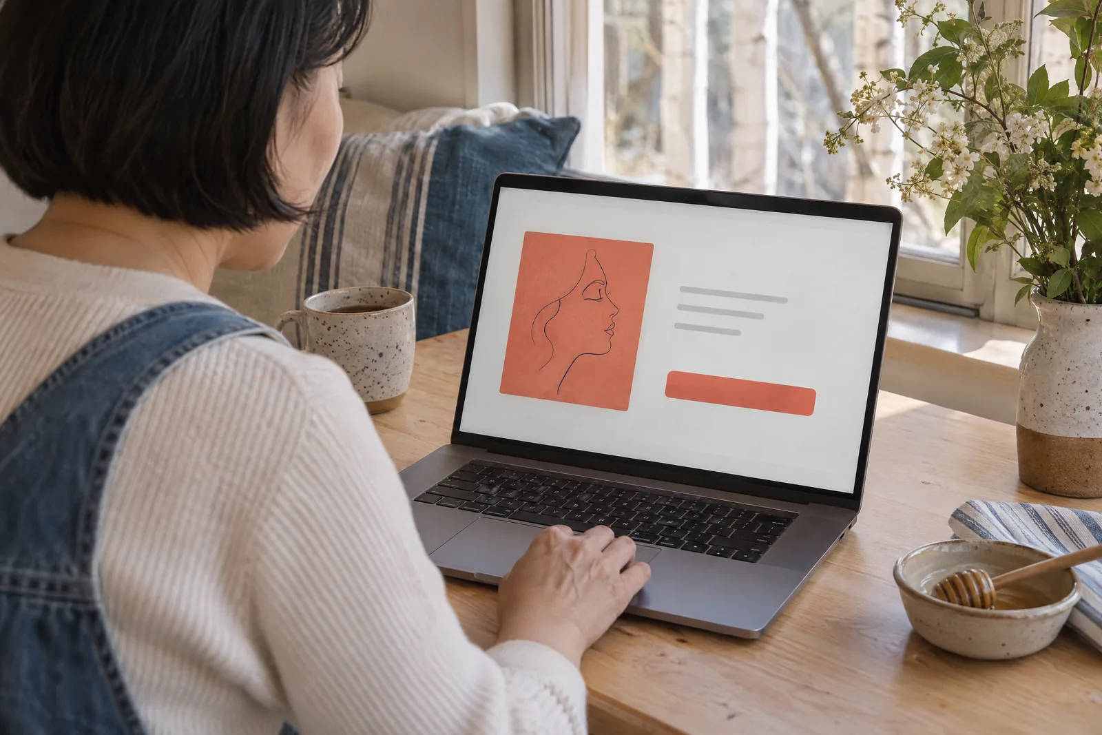 An east asian woman in her forties with a short bob in a denim overalls at a window seat looks at a screen showing a general product for sale, with a honey dipper beside them.