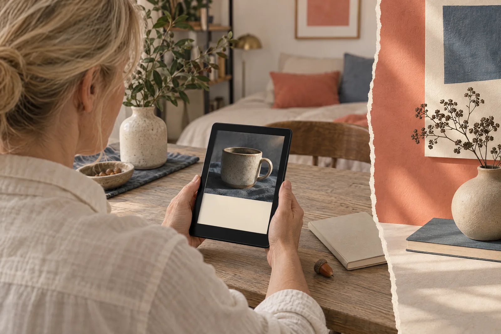 A woman in her forties with blonde hair tied back in a cream linen shirt at a studio apartment looks at a screen showing a ebook product for sale, with an acorn beside them.
