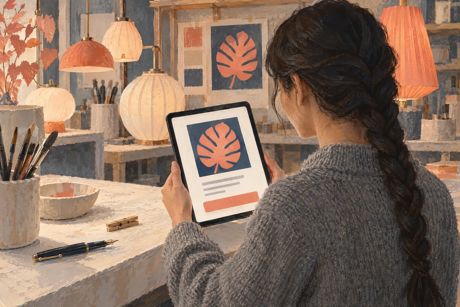 A woman in her twenties with a long dark braid in a heather gray wool sweater at a lamp workshop looks at a screen showing a payment product for sale, with a wooden clothespin beside them.