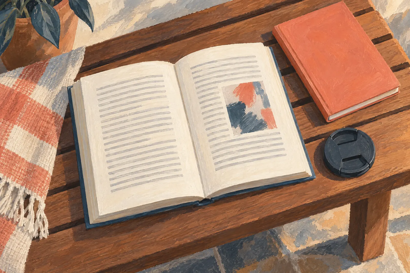 A conservatory still life of a ebook product arranged with a camera lens cap, in coral, sand, slate, and cream.