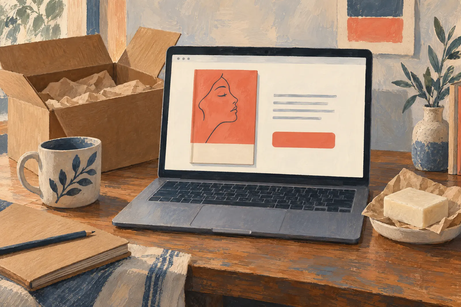 A loft corner still life of a delivery product arranged with a bar of cream soap, in coral, sand, slate, and cream.