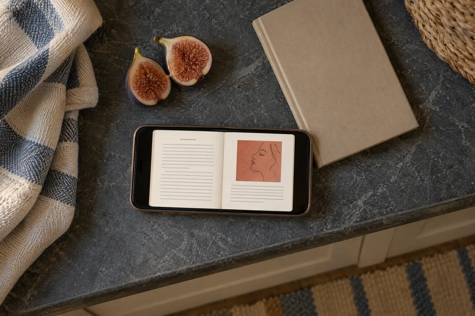 A mudroom bench still life of a ebook product arranged with a split fig, in coral, sand, slate, and cream.