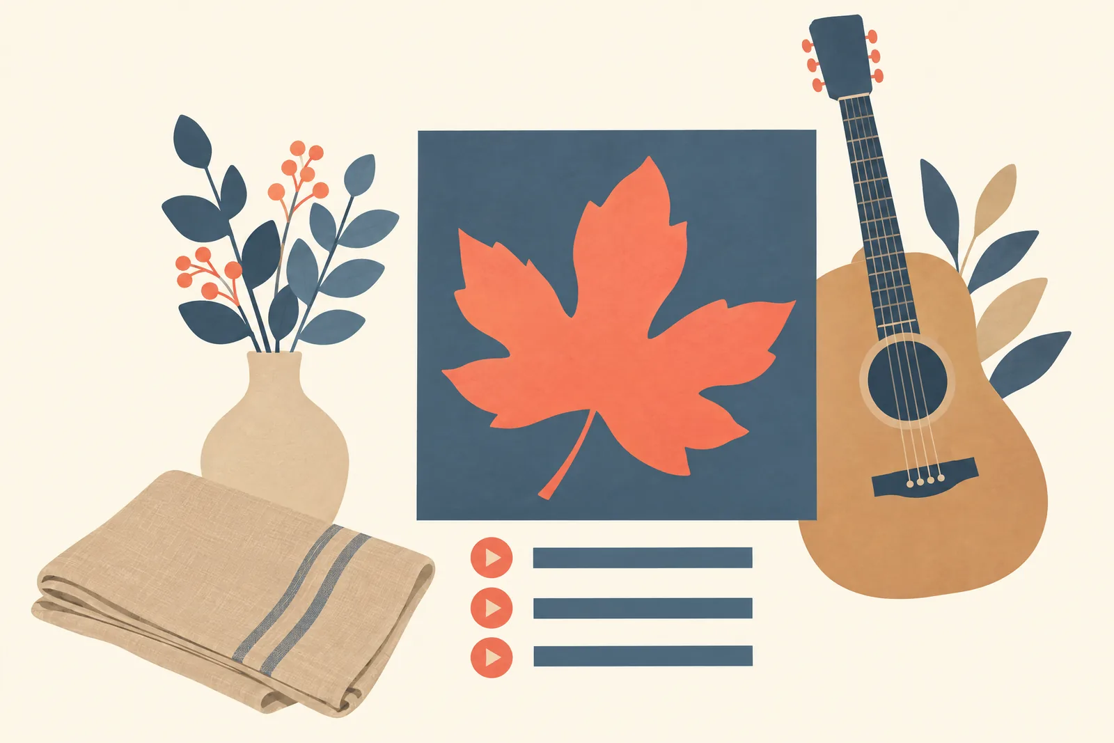 A garden shed still life of a music product arranged with a folded linen napkin, in coral, sand, slate, and cream.