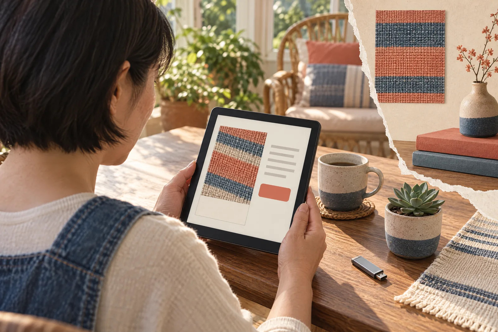 An east asian woman in her forties with a short bob in a denim overalls at a sunroom looks at a screen showing a software product for sale, with a tiny succulent beside them.