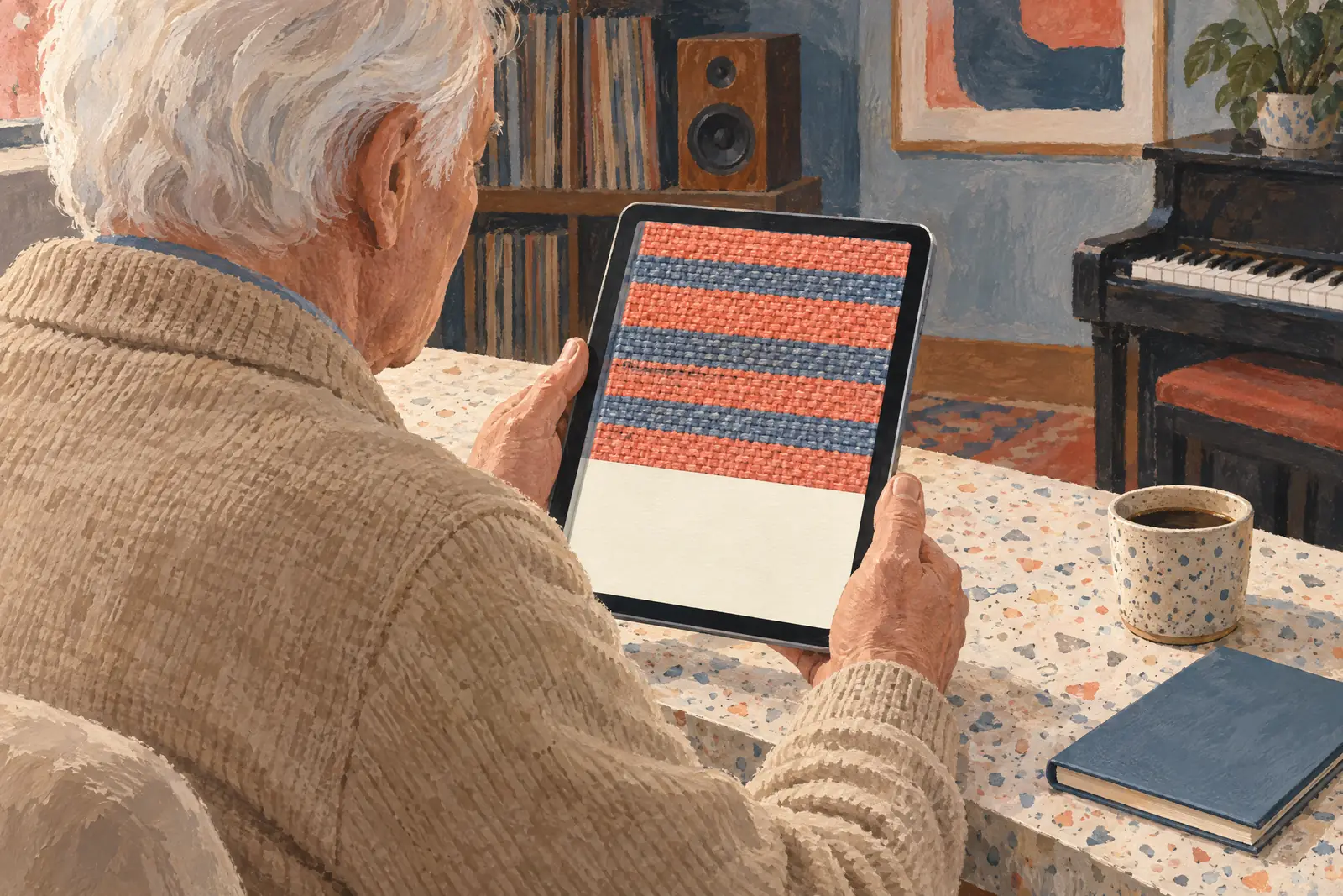A man in his seventies with white hair in a sand cardigan at a music room looks at a screen showing a ebook product for sale, with a speckled ceramic cup beside them.