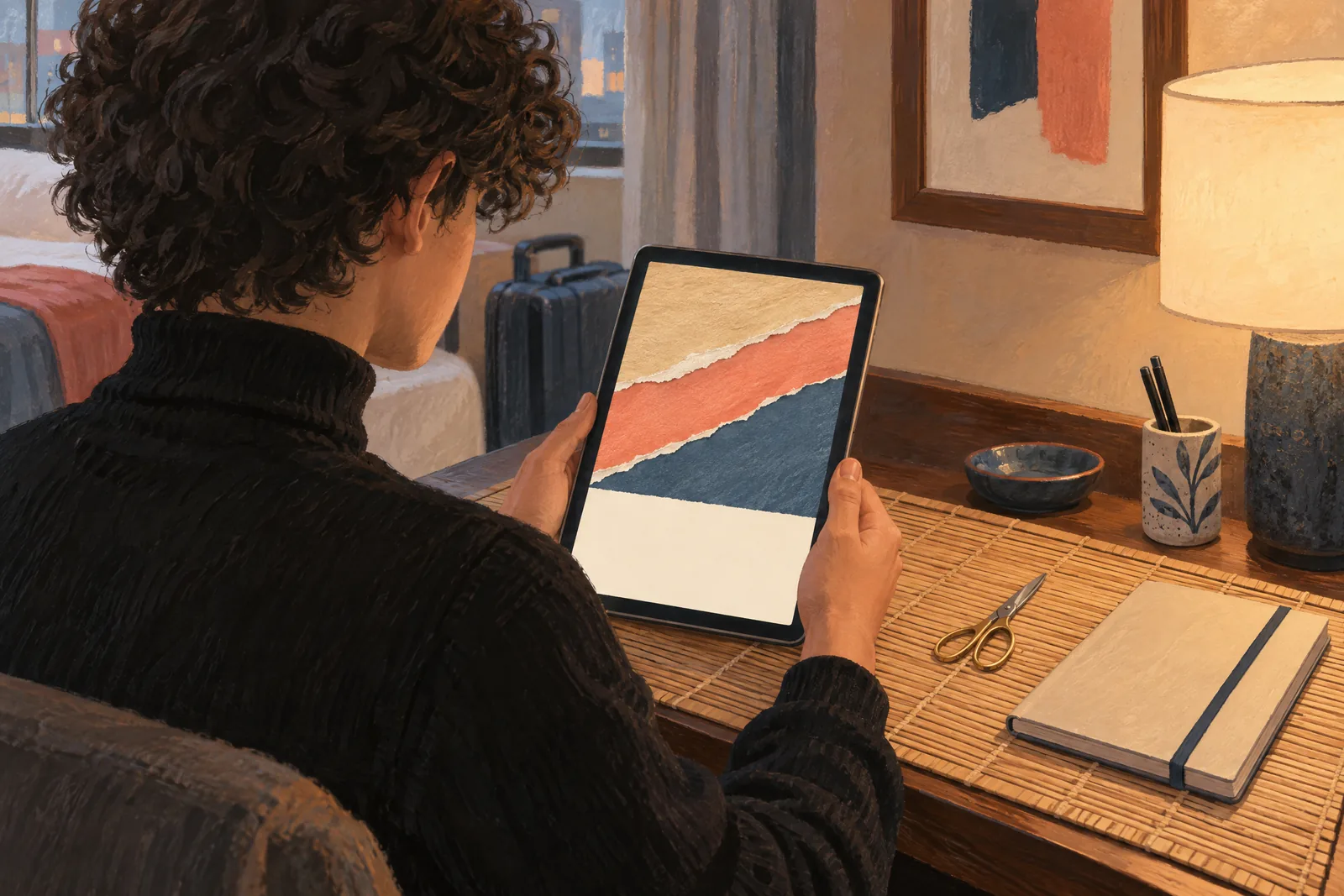 A teenager with curly hair in a black turtleneck at a hotel desk looks at a screen showing a ebook product for sale, with a pair of small scissors beside them.