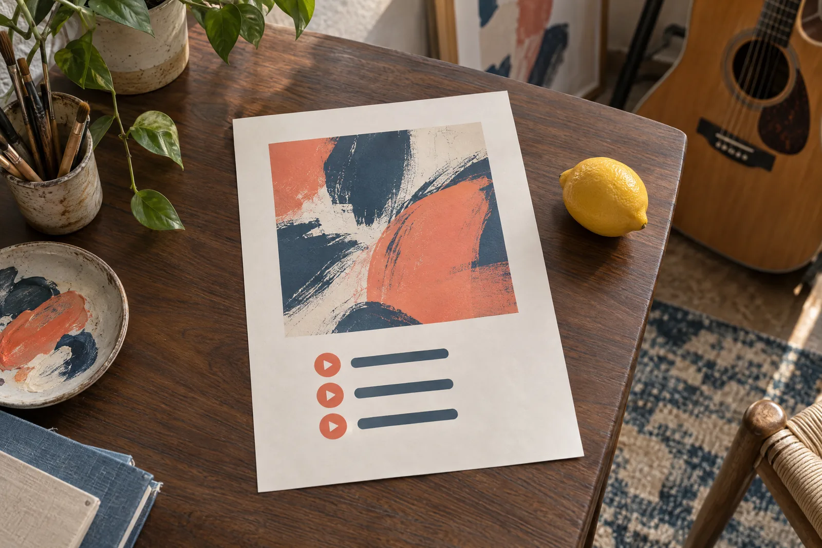A print studio still life of a music product arranged with a lemon, in coral, sand, slate, and cream.